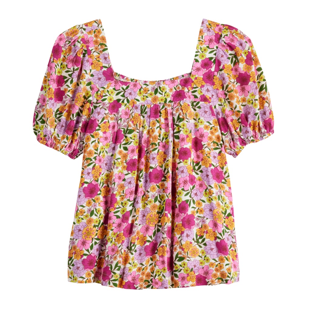 Draper James Square Neck Puff Short Sleeve Bright Colored Floral Top Medium